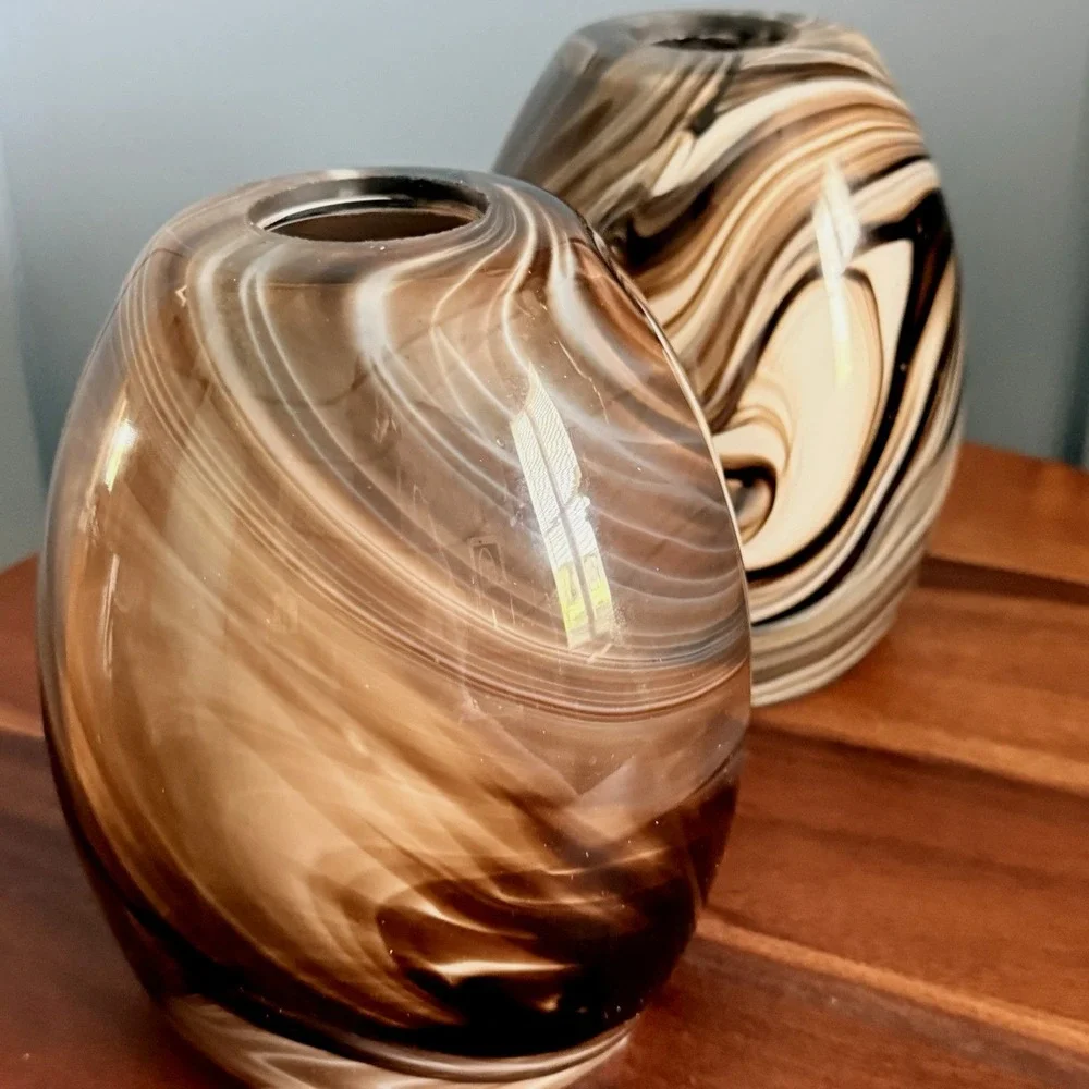 Pair Swirl Glass Pendant Lamp Shades Brown White Marbleized Bell Globes 6.5